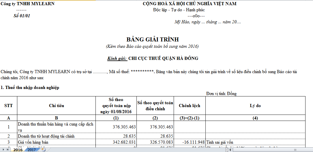 Mẫu giải trình báo cáo tài chính với cq thuế